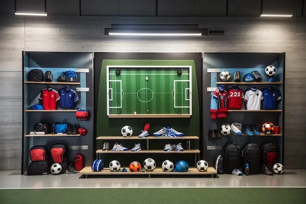 Wall-mounted racks neatly organized for efficient football equipment storage ideas.