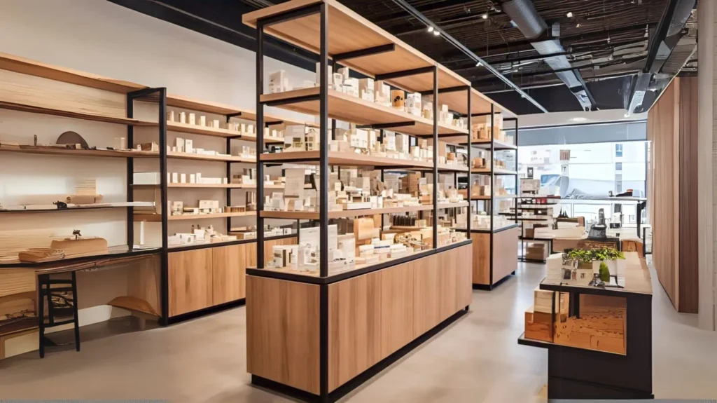 Stylish wooden display shelves in a boutique store, showcasing home decor items and adding a warm, rustic touch to the retail space.