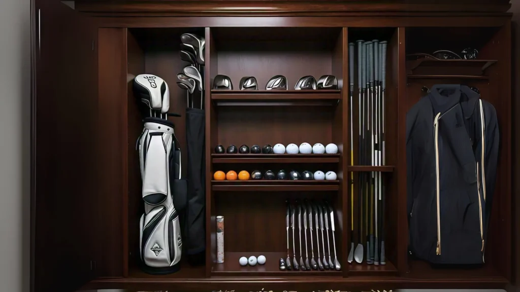 Golf club storage solution with wall-mounted racks and a golf bag on display