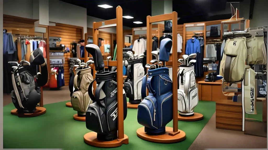 A neatly organized golf bag rack holding multiple golf bags and accessories in a clean garage, showcasing an ideal storage solution for golfers.