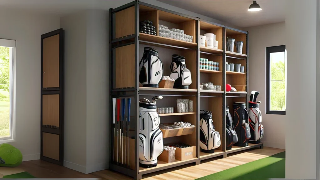 Neatly arranged golf storage organizers showcasing clubs, bags, and accessories in a well-organized garage and home setup, highlighting practical and stylish storage solutions