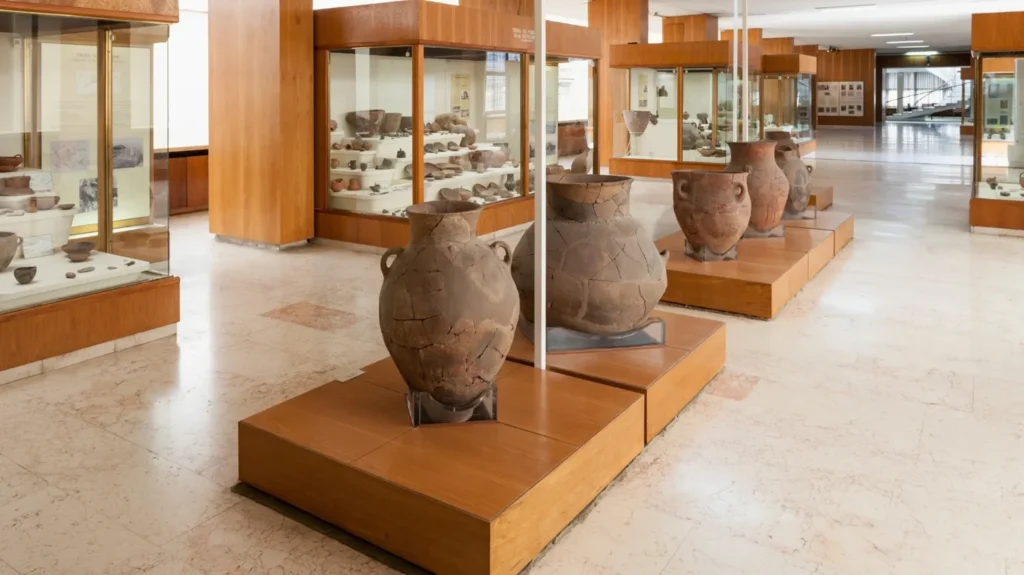 Secure museum artifact storage cabinet with high-density shelving.