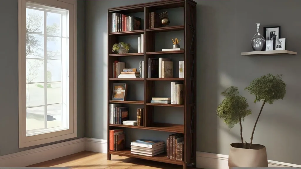 Compact library shelves for small spaces with books neatly organized.