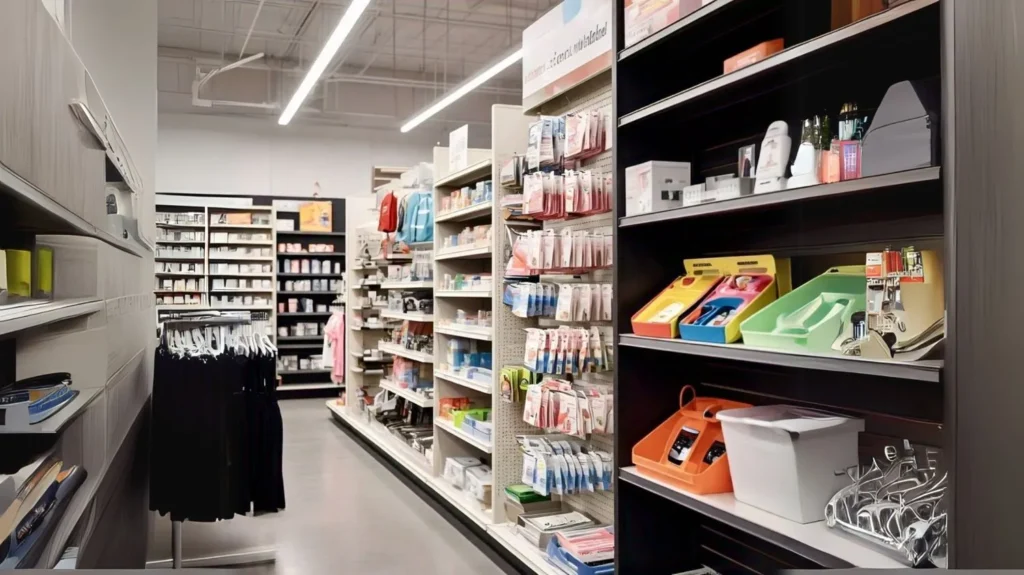 Organized high-quality retail shelving accessories, including heavy-duty drawers, dividers, and hooks, showcasing products attractively in a retail store.